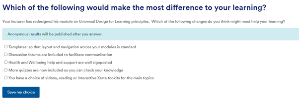 Screenshot of Moodle Choice: What would make a difference to your learning