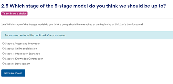 Example of Moodle Choice to check understanding of 5-stage model