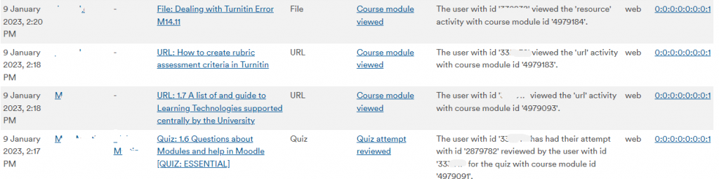 Screenshot of anonymised logs of accessing files and other Moodle resources