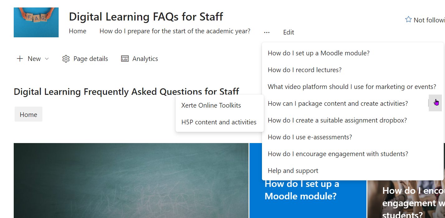 Screenshot of Digital Learning FAQ page with menus (mentioned in the text of the post)