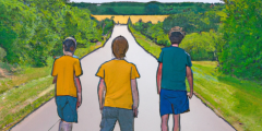 Drawing of three students gazing along a long road