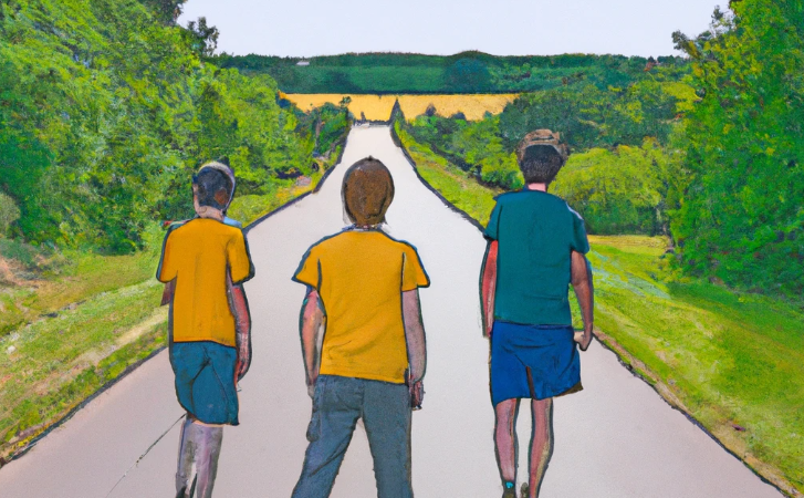 Drawing of three students gazing along a long road