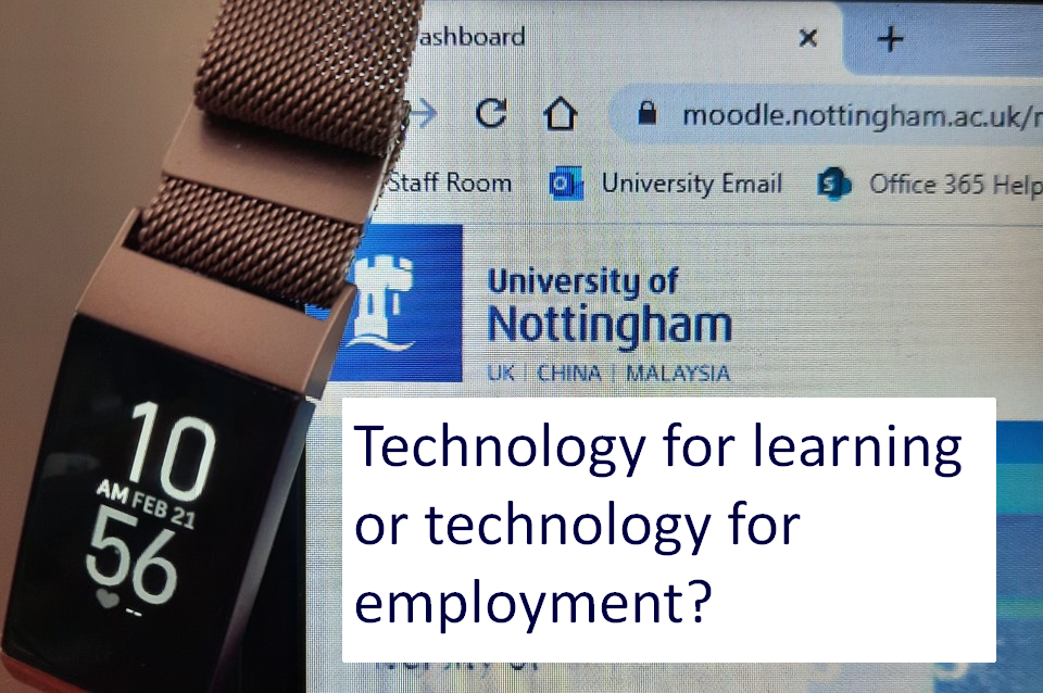 A Fitbit on a screen showing Moodle. Text saying Technology for learning or for employment?