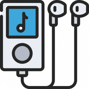 Icon representing an mp3 player or phone with headphones for listening to audio or podcasts