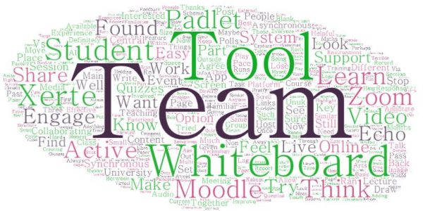 Word cloud summary of a discussion about Tools, including Moodle, Teams, Mahara, Whiteboard and more.