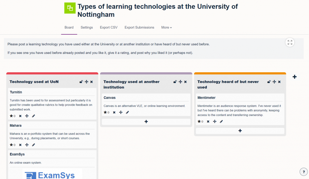 Moodle board showing columns for students to add ideas, URLs, images and videos to