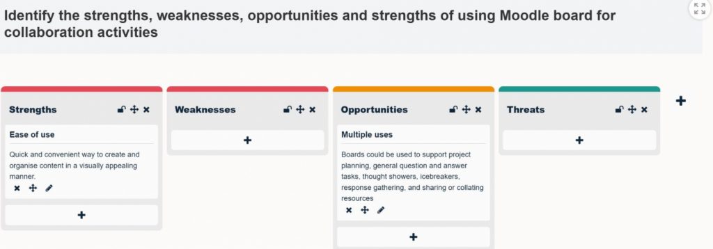 A Moodle board with 4 columns for strengths, weaknesses, opportunities and threats