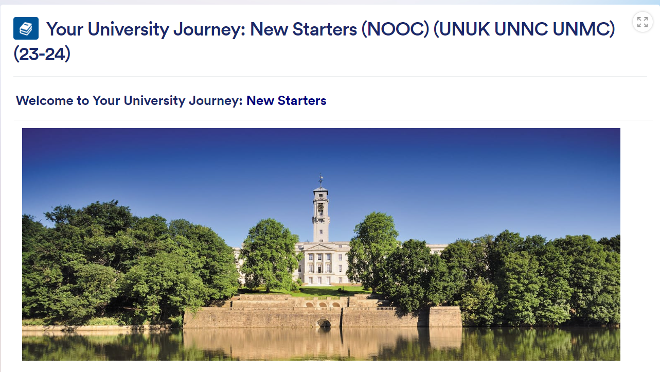 The Your University Moodle Site for 2023, including an image looking over a lake to the white brick Trent Building on the University of Nottingham campus.
