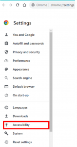 The settings list on Chrome showing accessibility as one of the options