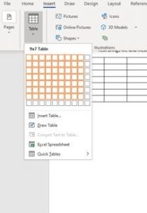 The 'add table' tab located in the top header in Word