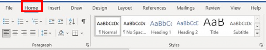 The header tabs in an MS Word document