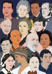 Artwork created by Mathematics student showing a group of diverse mathematicians from various backgrounds.