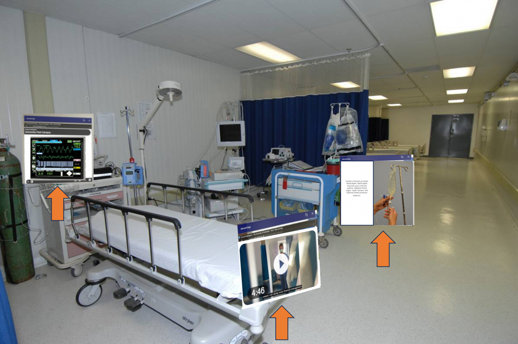 A hospital bed and equipment with virtual windows placed around the room which contain different pieces of information for the HoloLens wearer to interact with.