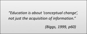 A quote: “Education is about ‘conceptual change’, not just the acquisition of information.” (Biggs, 1999, p60)