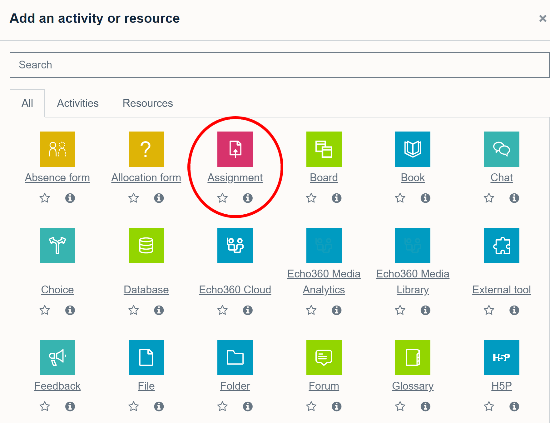 The activity list on Moodle, showing the Moodle assignment icon highlighted.