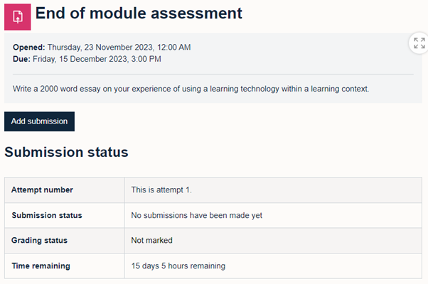 The submission status screen showing number of attempts, grading status and time remaining 