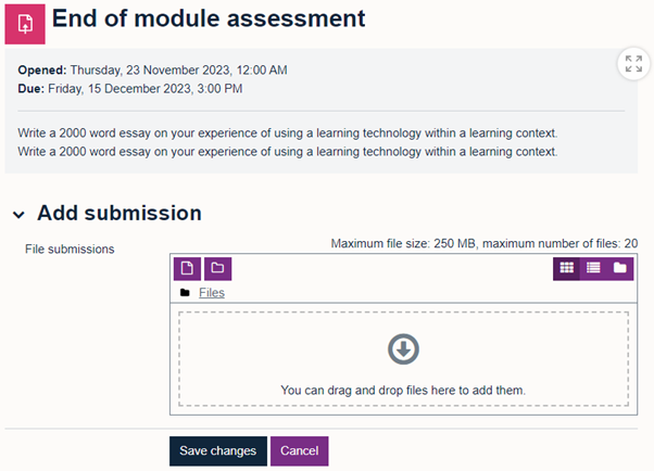 The add submission window allowing students to drag and drop assignments into a box or click to upload
