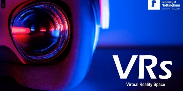 The lens of a VR headset and the words VRs - Virtual Reality space.