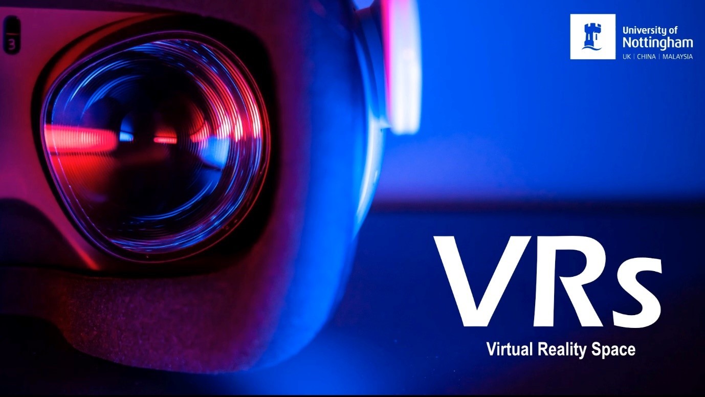 The lens of a VR headset and the words VRs - Virtual Reality space.