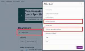 The Moodle Dashboard showingg the option to 'Add a block' with a drop-down list of options