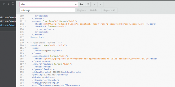 Screenshot showing the use of a code editor to find and replace non-accessible HTML tags in question bank XML files.