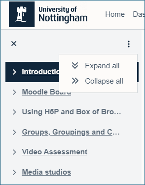 Screenshot showing the 'Expand/Collapse All' option in the module index on Moodle.