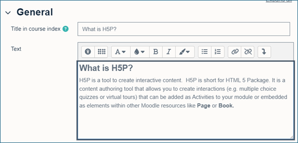 Screenshot showing the ability to add a label title to appear in the Module Index on Moodle.