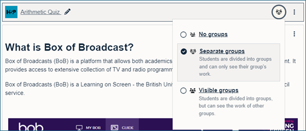 Screenshot showing the ability to attach content to a group from the item menu on Moodle.