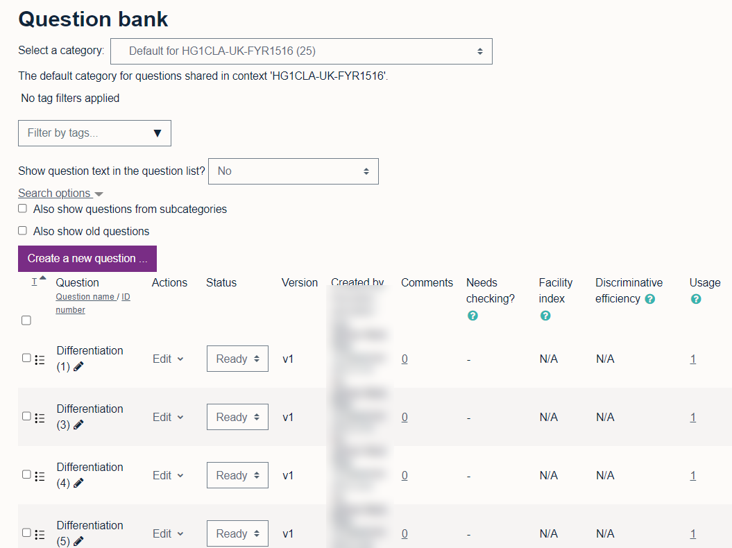 Screenshot showing the question bank on Moodle.