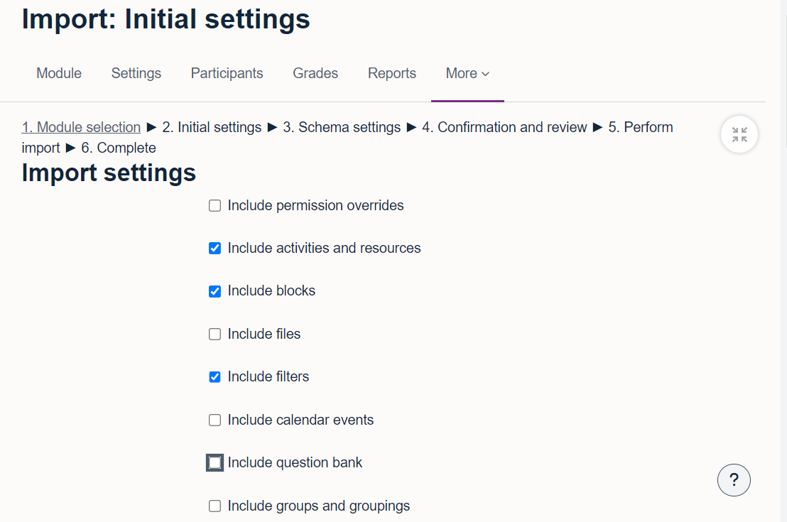 A screenshot showing the import process on Moodle with the question bank option disabled.