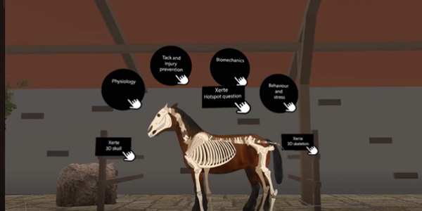 The AR scene showing a horse and hotspots.