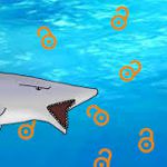 Cartoon- style picture of a shark swimming around open access icons