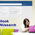 NUlook NUsearch home page and two female students studying a laptop