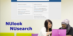 NUlook NUsearch, showing the NUsearch home page and two female students studying a laptop