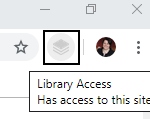 Library Access icon in browser toolbar including pop up message 'Library Access has access to this site'