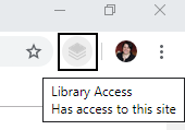 Library Access icon in browser toolbar including pop up message 'Library Access has access to this site'