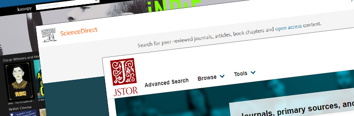 Screenshot of online resouces including Kanopy, ScienceDirect and JStor.