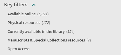 Screenshot of the Key filters in NUsearch including the new filters for “Physical resources” and “Currently available in the library” 