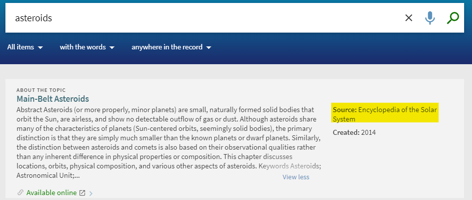 Search for “asteroids” on NUsearch resulting in a topic overview on Main-Belt Asteroids. The source is shown as “Encyclopaedia of the Solar System” 