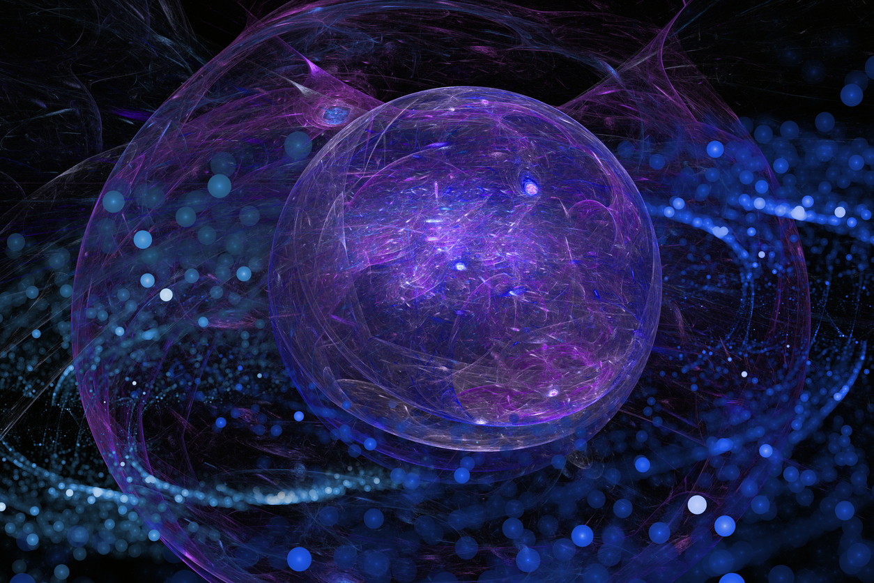 Abstract futuristic 3d illustration - Space sphere among particles.