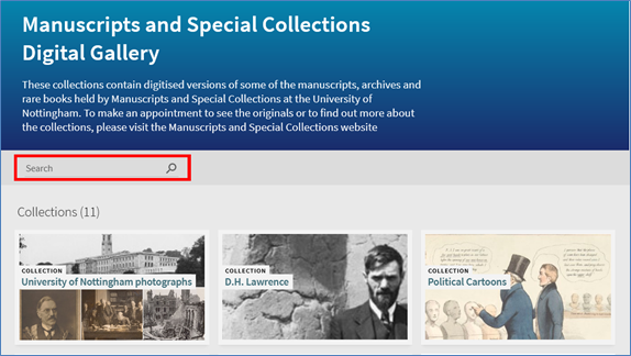 Digital Gallery home page with the new search box highlighted above the digital collections 