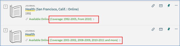 Journal coverage information displayed in the Available Online link in search results 