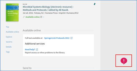 Screenshot of an ebook record on NUsearch which shows the pink Report e-resource access issue exclamation icon