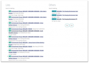 Screenshot showing 14 matching Environmental Change reading lists due to the module having multiple reading lists from different academics