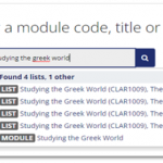 Screenshot showing multiple search results for the term 'studying the greek world'. The search results are all from different academic years.