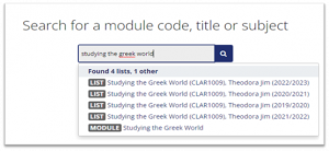 Screenshot showing multiple search results for the term 'studying the greek world'. The search results are all from different academic years.