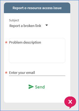 Report e-resource access issue screen, showing required fields for problem description and enter your email.