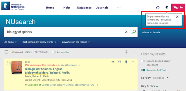 NUsearch results screen showing the warning message “To permanently save items to My Favourites, remember to sign in”, in the top right of the screen under the My Favourites pin icon.