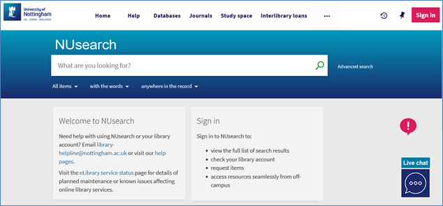 NUsearch homepage showing report and issue icon (pink exclamation mark) next to Live Chat icon (blue speech bubble with Live Chat text) in the bottom right hand corner