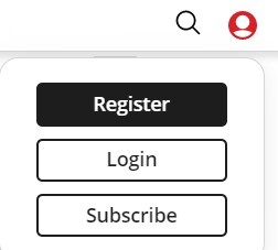 Register and Login to the THE. Screenshot showing Red person icon and Register, Login and Subscribe buttons,.